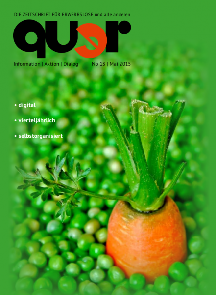 Das Bild zeigt das Deckblatt der Mai-quer, Heft 13/2015 mit einer Karotte  auf Recht stehend in Erbsen